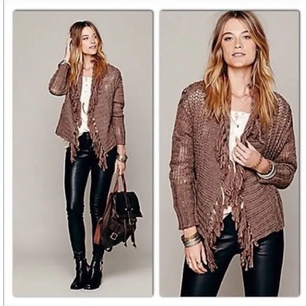 Free People Open Knit Fringe Cardigan Sweater in Gray Size M